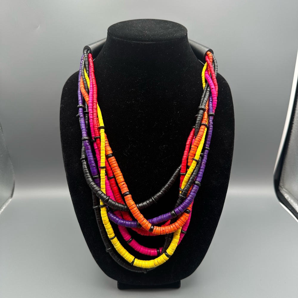 7 Strand Colorful Wood Beaded Boho Statement Necklace Festival Coconut Girl